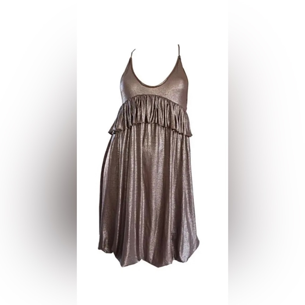 Stella McCartney Italy Slip Dress Metallic Cocoa Linen Ruffle IT40 Medium